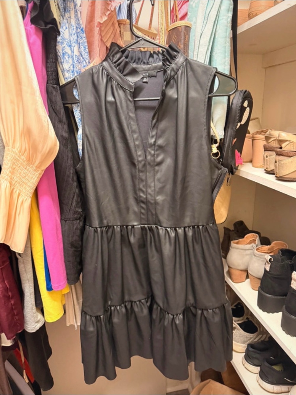 Fate Black Sleeveless Faux Leather Tiered Dress